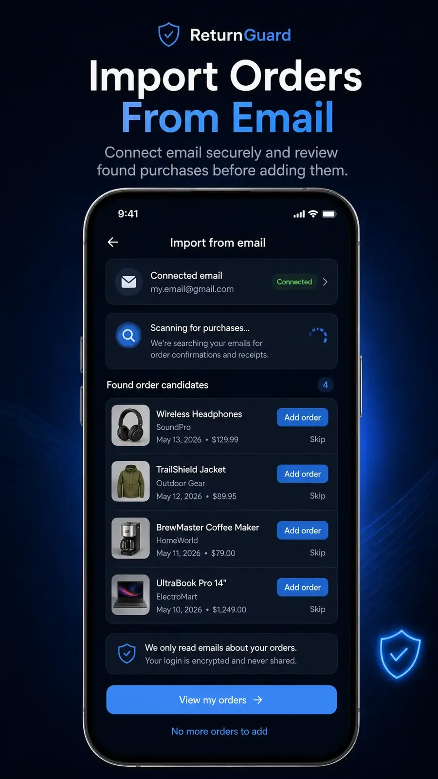 ReturnGuard email import and order review screenshot