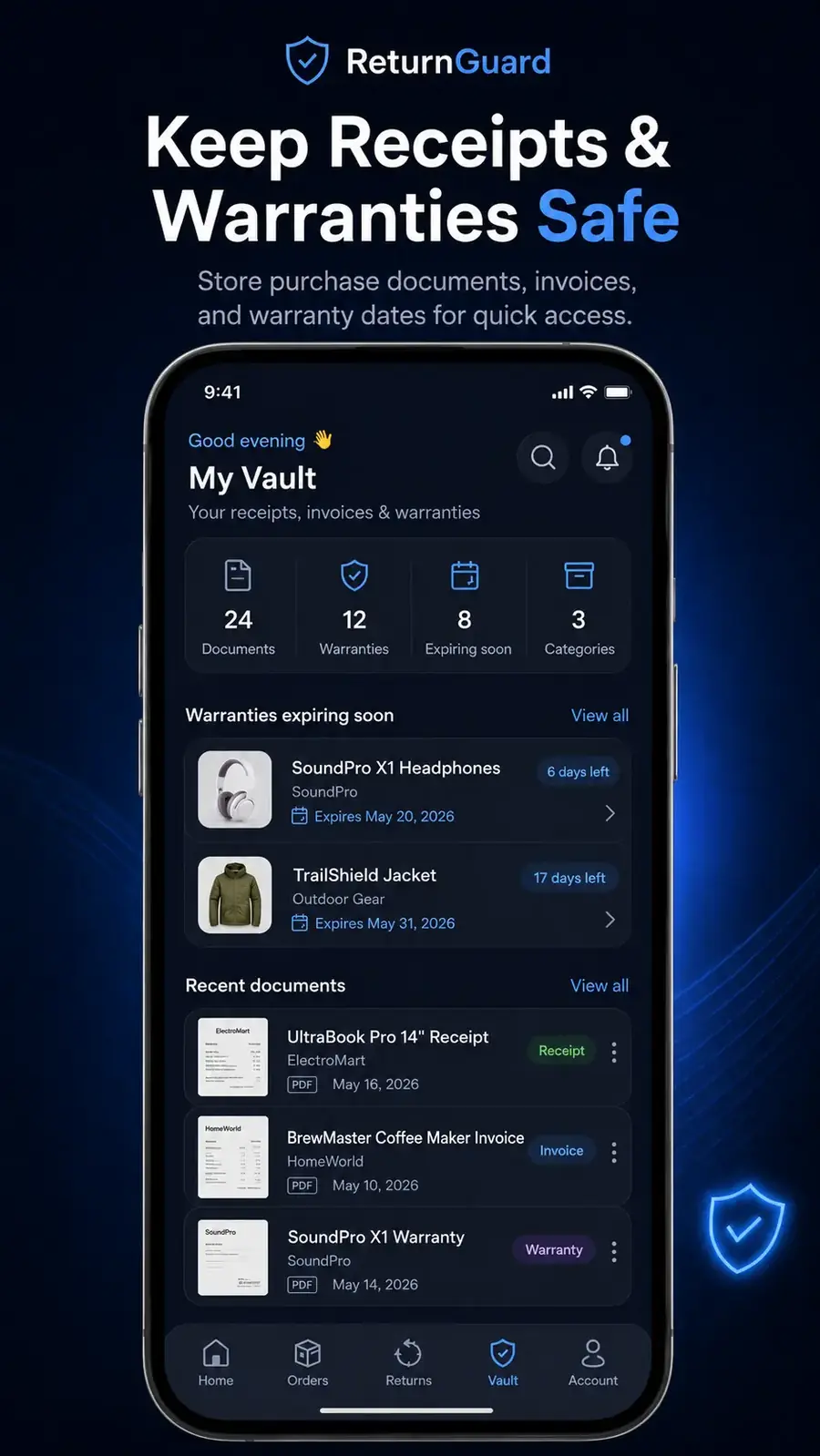 ReturnGuard receipt and warranty vault screenshot