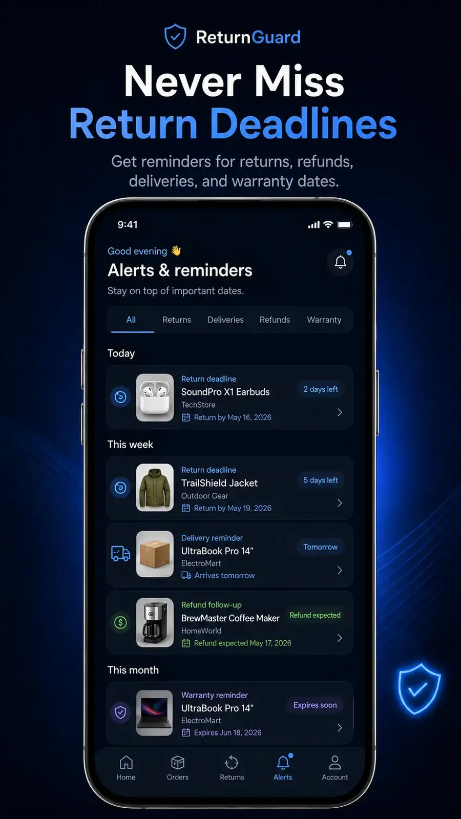 ReturnGuard return deadline reminders screenshot